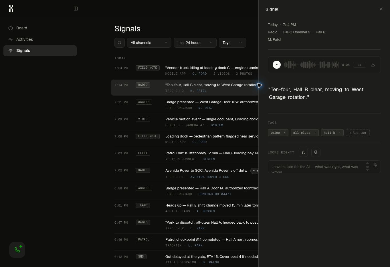 Humantic Signals Board with a radio transmission, audio waveform, transcript, source metadata, and feedback controls.